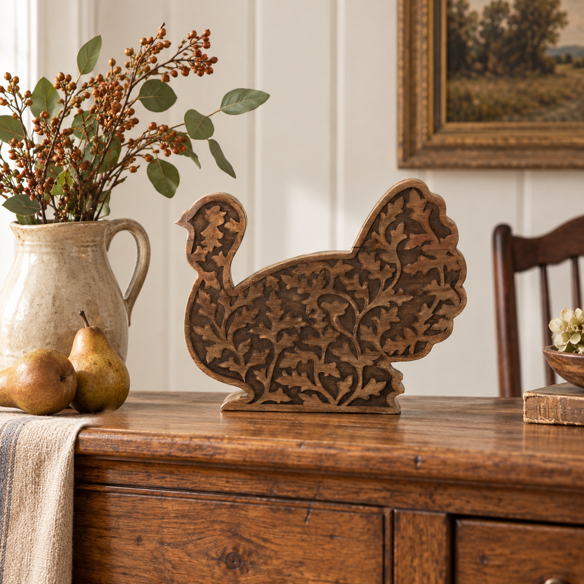 Dark Wood Carved Turkey Figurine 11.5x13.5 Decor