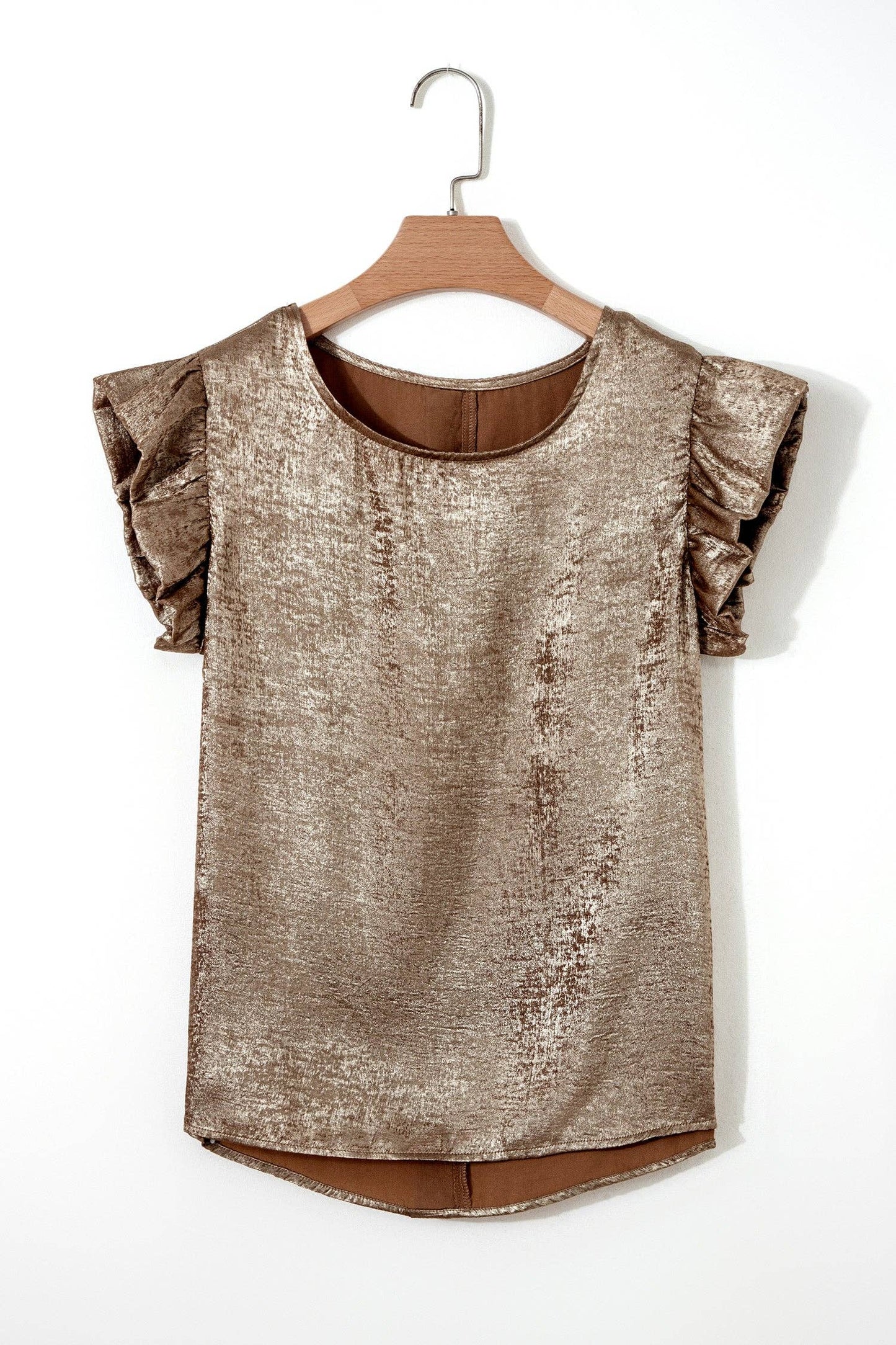Metallic Ruffle Trim Sleeveless Round Neck Top: Gold